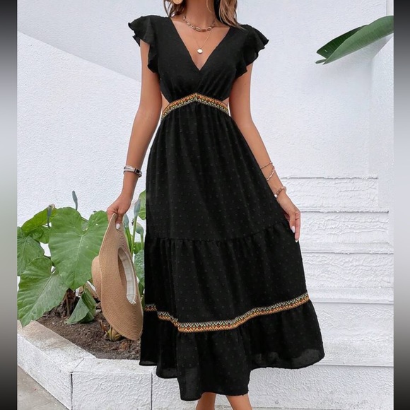 Boho Black Swiss Dot Plunge Neck Open Back Tie Backless Maxi Dress - Picture 4 of 7